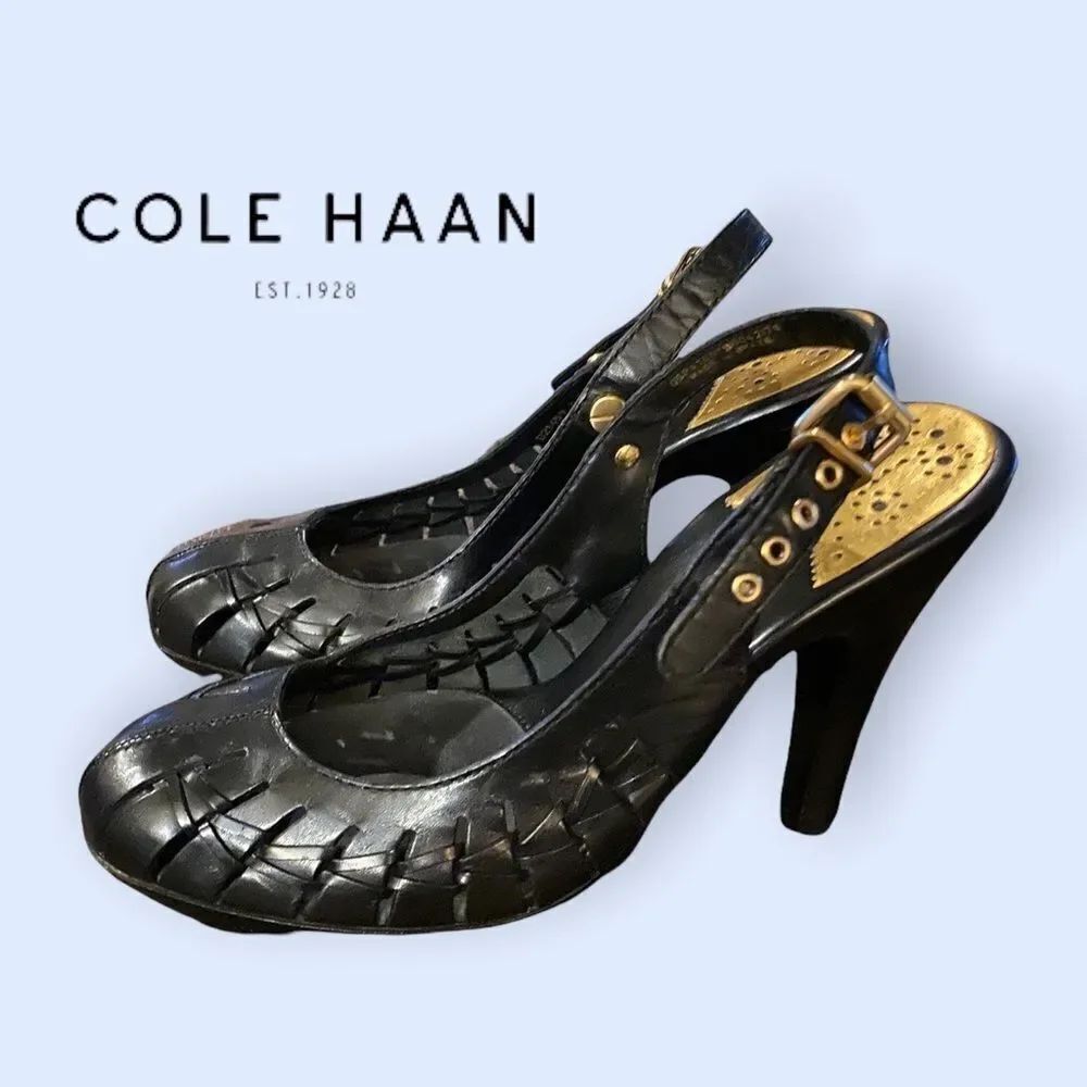 Cole Haan Black Cut Out Leather Platform Heels 8